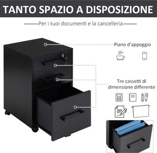 Archivador de Oficina con 3 Cajones y Cerradura, de Madera, Negro, 39.2 x 40 x 65.4 cm