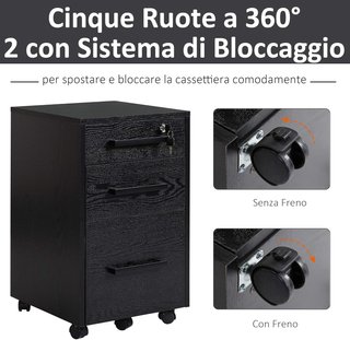 Archivador de Oficina con 3 Cajones y Cerradura, de Madera, Negro, 39.2 x 40 x 65.4 cm