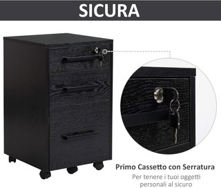 Archivador de Oficina con 3 Cajones y Cerradura, de Madera, Negro, 39.2 x 40 x 65.4 cm