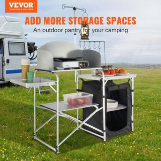 Mesa de Cocina para Camping Plegable y Portátil con 1 Armario y Paravientos