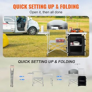 Mesa de Cocina para Camping Plegable y Portátil con 1 Armario y Paravientos