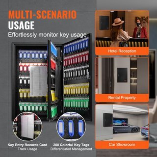 Gabinete para 200 Llaves, Caja de Llave con Cerradura Ajustable, Caja de Almacenamiento de Llaves de Seguridad de Acero, Organizador de Llaves con 200 Etiquetas de Llave Coloridas y 4 Tarjetas de ...