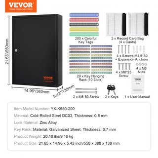 Gabinete para 200 Llaves, Caja de Llave con Cerradura Ajustable, Caja de Almacenamiento de Llaves de Seguridad de Acero, Organizador de Llaves con 200 Etiquetas de Llave Coloridas y 4 Tarjetas de ...