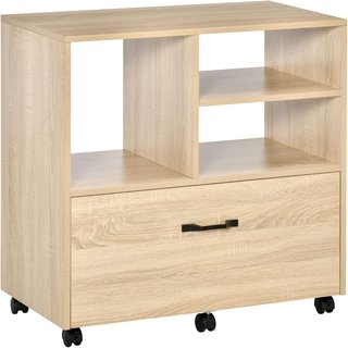 Mueble Multiusos para Oficina de Madera, Cajonera con Ruedas para Impresora con 5 Ruedas, Cajón y Estante Regulable, 77X40X73Cm, Madera