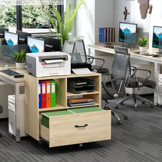 Mueble Multiusos para Oficina de Madera, Cajonera con Ruedas para Impresora con 5 Ruedas, Cajón y Estante Regulable, 77X40X73Cm, Madera