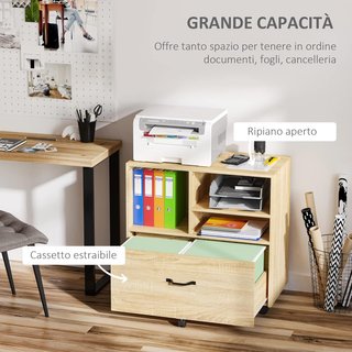 Mueble Multiusos para Oficina de Madera, Cajonera con Ruedas para Impresora con 5 Ruedas, Cajón y Estante Regulable, 77X40X73Cm, Madera