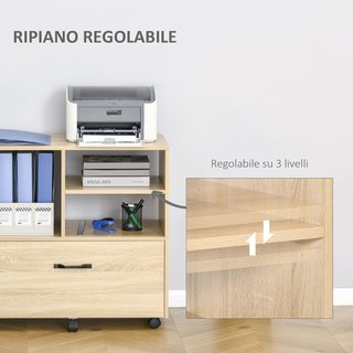 Mueble Multiusos para Oficina de Madera, Cajonera con Ruedas para Impresora con 5 Ruedas, Cajón y Estante Regulable, 77X40X73Cm, Madera