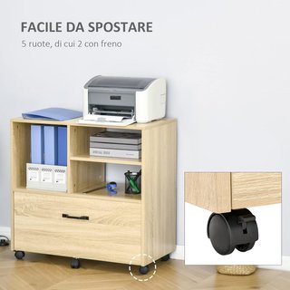 Mueble Multiusos para Oficina de Madera, Cajonera con Ruedas para Impresora con 5 Ruedas, Cajón y Estante Regulable, 77X40X73Cm, Madera