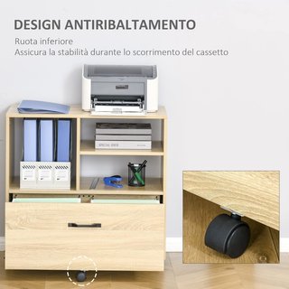 Mueble Multiusos para Oficina de Madera, Cajonera con Ruedas para Impresora con 5 Ruedas, Cajón y Estante Regulable, 77X40X73Cm, Madera