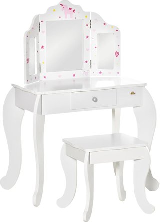 Mesa de Maquillaje para Niños con Taburete 2 en 1 Escritorio de Madera y Triple Espejo, Tocador de Maquillaje en MDF y Acrílico, 63X40X85.5 Cm, Blanco y Rosa