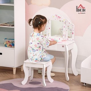 Mesa de Maquillaje para Niños con Taburete 2 en 1 Escritorio de Madera y Triple Espejo, Tocador de Maquillaje en MDF y Acrílico, 63X40X85.5 Cm, Blanco y Rosa