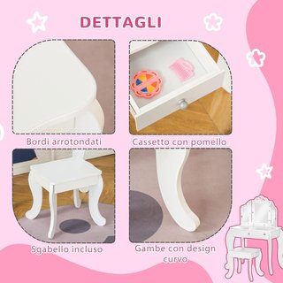 Mesa de Maquillaje para Niños con Taburete 2 en 1 Escritorio de Madera y Triple Espejo, Tocador de Maquillaje en MDF y Acrílico, 63X40X85.5 Cm, Blanco y Rosa