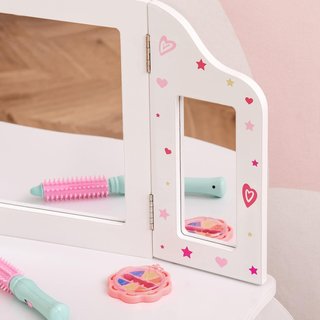 Mesa de Maquillaje para Niños con Taburete 2 en 1 Escritorio de Madera y Triple Espejo, Tocador de Maquillaje en MDF y Acrílico, 63X40X85.5 Cm, Blanco y Rosa