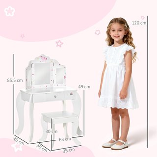 Mesa de Maquillaje para Niños con Taburete 2 en 1 Escritorio de Madera y Triple Espejo, Tocador de Maquillaje en MDF y Acrílico, 63X40X85.5 Cm, Blanco y Rosa