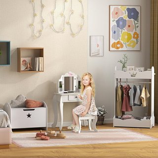Mesa de Maquillaje para Niños con Taburete 2 en 1 Escritorio de Madera y Triple Espejo, Tocador de Maquillaje en MDF y Acrílico, 63X40X85.5 Cm, Blanco y Rosa