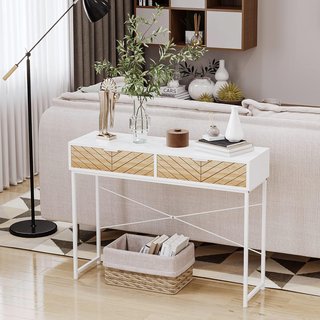 Consola Moderna Con 2 Cajones, Mesa de Entrada de Metal Con Estructura Cruzada, Mesa de Salón, Blanca
