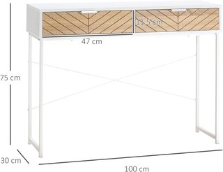 Consola Moderna Con 2 Cajones, Mesa de Entrada de Metal Con Estructura Cruzada, Mesa de Salón, Blanca