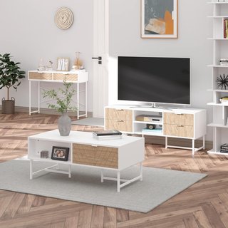 Consola Moderna Con 2 Cajones, Mesa de Entrada de Metal Con Estructura Cruzada, Mesa de Salón, Blanca