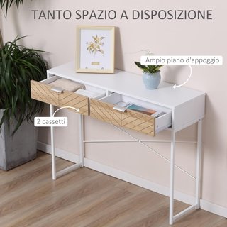 Consola Moderna Con 2 Cajones, Mesa de Entrada de Metal Con Estructura Cruzada, Mesa de Salón, Blanca