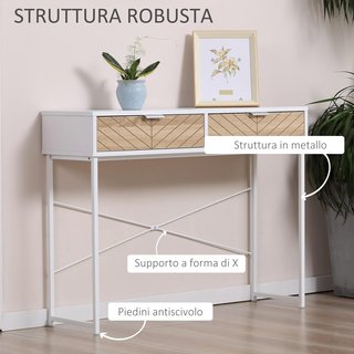 Consola Moderna Con 2 Cajones, Mesa de Entrada de Metal Con Estructura Cruzada, Mesa de Salón, Blanca