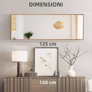 Espejo de Pared y de Apoyo de Madera de Pino con Ganchos Incluidos, 45X125Cm, Madera Natural