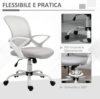 Silla de Oficina Basculante en Tejido de Malla Gris, Silla de Escritorio Ergonómica y Giratoria con Altura Ajustable