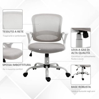 Silla de Oficina Basculante en Tejido de Malla Gris, Silla de Escritorio Ergonómica y Giratoria con Altura Ajustable