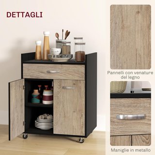 Carrito De Cocina Portacomidas Para Microondas Con Cajón Y Armario, Isla De Cocina De Madera Con 4 Ruedas Y Estante Regulable, 60X40X77 Cm, Negro Y Gris