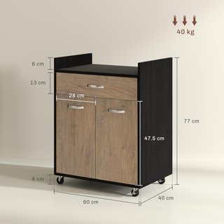 Carrito De Cocina Portacomidas Para Microondas Con Cajón Y Armario, Isla De Cocina De Madera Con 4 Ruedas Y Estante Regulable, 60X40X77 Cm, Negro Y Gris
