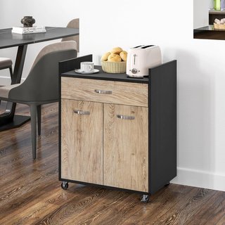 Carrito De Cocina Portacomidas Para Microondas Con Cajón Y Armario, Isla De Cocina De Madera Con 4 Ruedas Y Estante Regulable, 60X40X77 Cm, Negro Y Gris