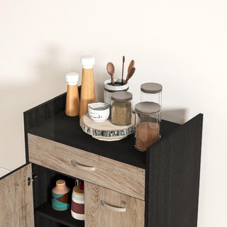 Carrito De Cocina Portacomidas Para Microondas Con Cajón Y Armario, Isla De Cocina De Madera Con 4 Ruedas Y Estante Regulable, 60X40X77 Cm, Negro Y Gris