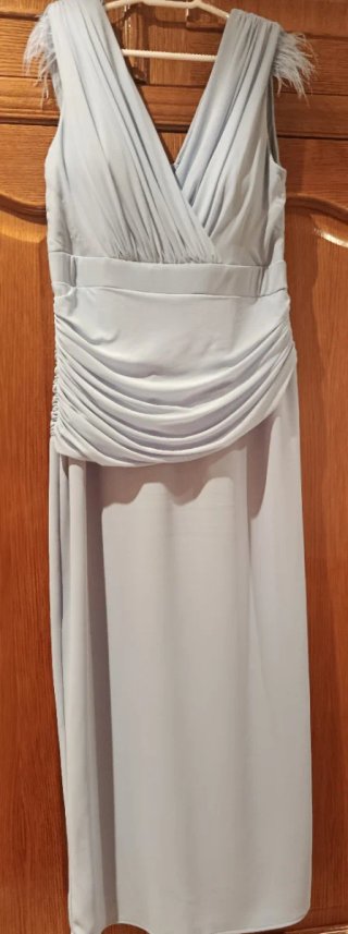Vestido de fiesta azul con plumas
