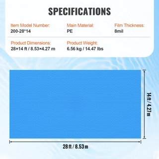 Copertura Solare per Piscina, Telo Solare Rettangolare 28 x 14 piedi per Piscine, Copertura Solare per Piscina Interrata o Fuori Terra, Coperture Solari da 8 mil Blu