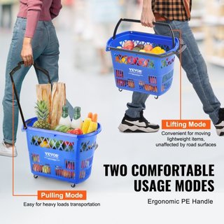 Cestas de Compras, 6PCS, Carritos de Compras de 39L con Mangos, Cesta de Compras Rodante de Plástico con Ruedas, Conjunto de Cestas de Compras Portátiles Grandes para Supermercados, Tiendas Minori...