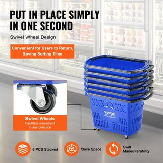 Cestas de Compras, 6PCS, Carritos de Compras de 39L con Mangos, Cesta de Compras Rodante de Plástico con Ruedas, Conjunto de Cestas de Compras Portátiles Grandes para Supermercados, Tiendas Minori...