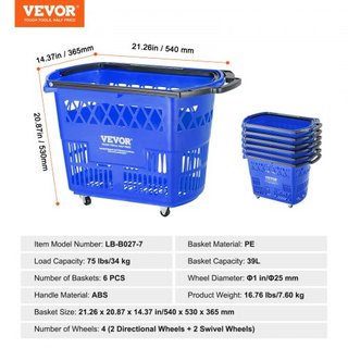 Cestas de Compras, 6PCS, Carritos de Compras de 39L con Mangos, Cesta de Compras Rodante de Plástico con Ruedas, Conjunto de Cestas de Compras Portátiles Grandes para Supermercados, Tiendas Minori...