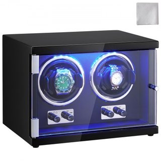 Reloj Winder, Reloj Winder Doble para Reloj Automático de Hombre y Mujer, con 2 Motores Japoneses Mabuchi Súper Silenciosos, Luz LED Azul y Adaptador, Carcasa de Tablero de Alta Densidad y PU Negro