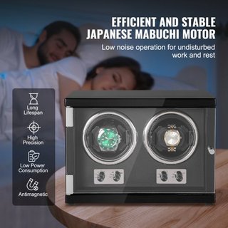 Reloj Winder, Reloj Winder Doble para Reloj Automático de Hombre y Mujer, con 2 Motores Japoneses Mabuchi Súper Silenciosos, Luz LED Azul y Adaptador, Carcasa de Tablero de Alta Densidad y PU Negro
