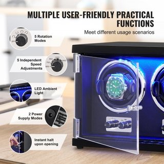 Reloj Winder, Reloj Winder Doble para Reloj Automático de Hombre y Mujer, con 2 Motores Japoneses Mabuchi Súper Silenciosos, Luz LED Azul y Adaptador, Carcasa de Tablero de Alta Densidad y PU Negro