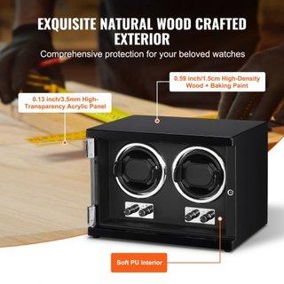 Reloj Winder, Reloj Winder Doble para Reloj Automático de Hombre y Mujer, con 2 Motores Japoneses Mabuchi Súper Silenciosos, Luz LED Azul y Adaptador, Carcasa de Tablero de Alta Densidad y PU Negro