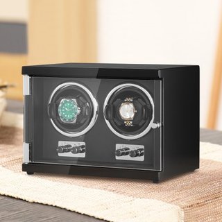 Reloj Winder, Reloj Winder Doble para Reloj Automático de Hombre y Mujer, con 2 Motores Japoneses Mabuchi Súper Silenciosos, Luz LED Azul y Adaptador, Carcasa de Tablero de Alta Densidad y PU Negro