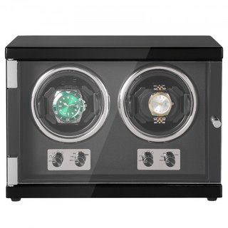 Reloj Winder, Reloj Winder Doble para Reloj Automático de Hombre y Mujer, con 2 Motores Japoneses Mabuchi Súper Silenciosos, Luz LED Azul y Adaptador, Carcasa de Tablero de Alta Densidad y PU Negro