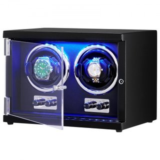 Reloj Winder, Reloj Winder Doble para Reloj Automático de Hombre y Mujer, con 2 Motores Japoneses Mabuchi Súper Silenciosos, Luz LED Azul y Adaptador, Carcasa de Tablero de Alta Densidad y PU Negro