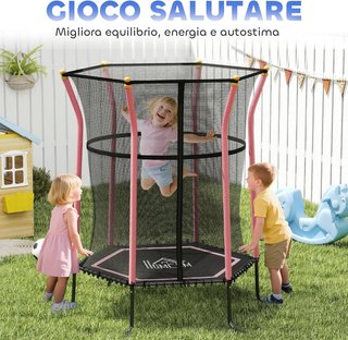 Trampolino Elastico per Bambini 3-10 Anni con Ingresso con Cerniera e Pali Imbottiti, Tappetino Elastico in Acciaio, PP ed EPE, Ø163.5X163.5/190 Cm