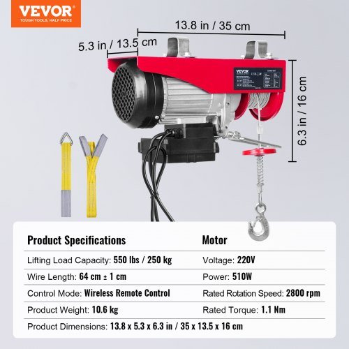 Polipasto Eléctrico, Capacidad de Elevación de 249.5 kg, Winch de Alambre de Acero Eléctrico de 510W 220V con Control Remoto Inalámbrico, Altura de Elevación de Cable Simple de 1219 cm y Motor de ...