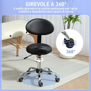 Taburete con Ruedas y Respaldo Ajustable en Altura, Taburete Esteticista Giratorio 360° en Cuero Sintético, Silla de Montura para Maquillaje, Salón y Peluquería, Negro