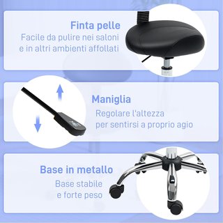 Taburete con Ruedas y Respaldo Ajustable en Altura, Taburete Esteticista Giratorio 360° en Cuero Sintético, Silla de Montura para Maquillaje, Salón y Peluquería, Negro