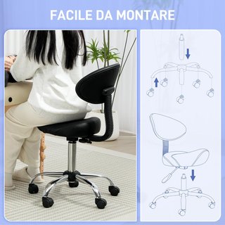 Taburete con Ruedas y Respaldo Ajustable en Altura, Taburete Esteticista Giratorio 360° en Cuero Sintético, Silla de Montura para Maquillaje, Salón y Peluquería, Negro