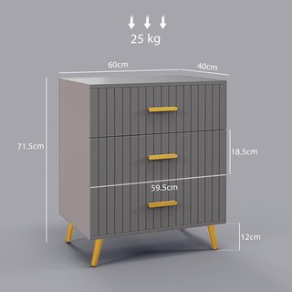 Cómoda Moderna de 3 Cajones y Antivuelco, Mueble de Cómoda de Madera y Aluminio, 60X40X71.5 Cm, Oro y Gris Oscuro