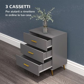 Cómoda Moderna de 3 Cajones y Antivuelco, Mueble de Cómoda de Madera y Aluminio, 60X40X71.5 Cm, Oro y Gris Oscuro